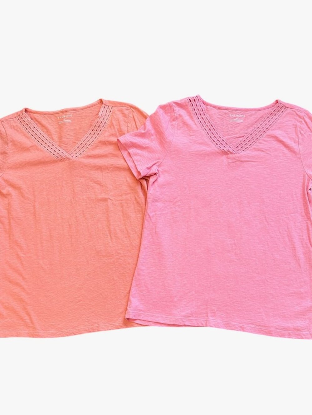 TWO Talbots Tees Size Medium Slub Knit Crochet Trim V-Neck Short Sleeve T-Shirt